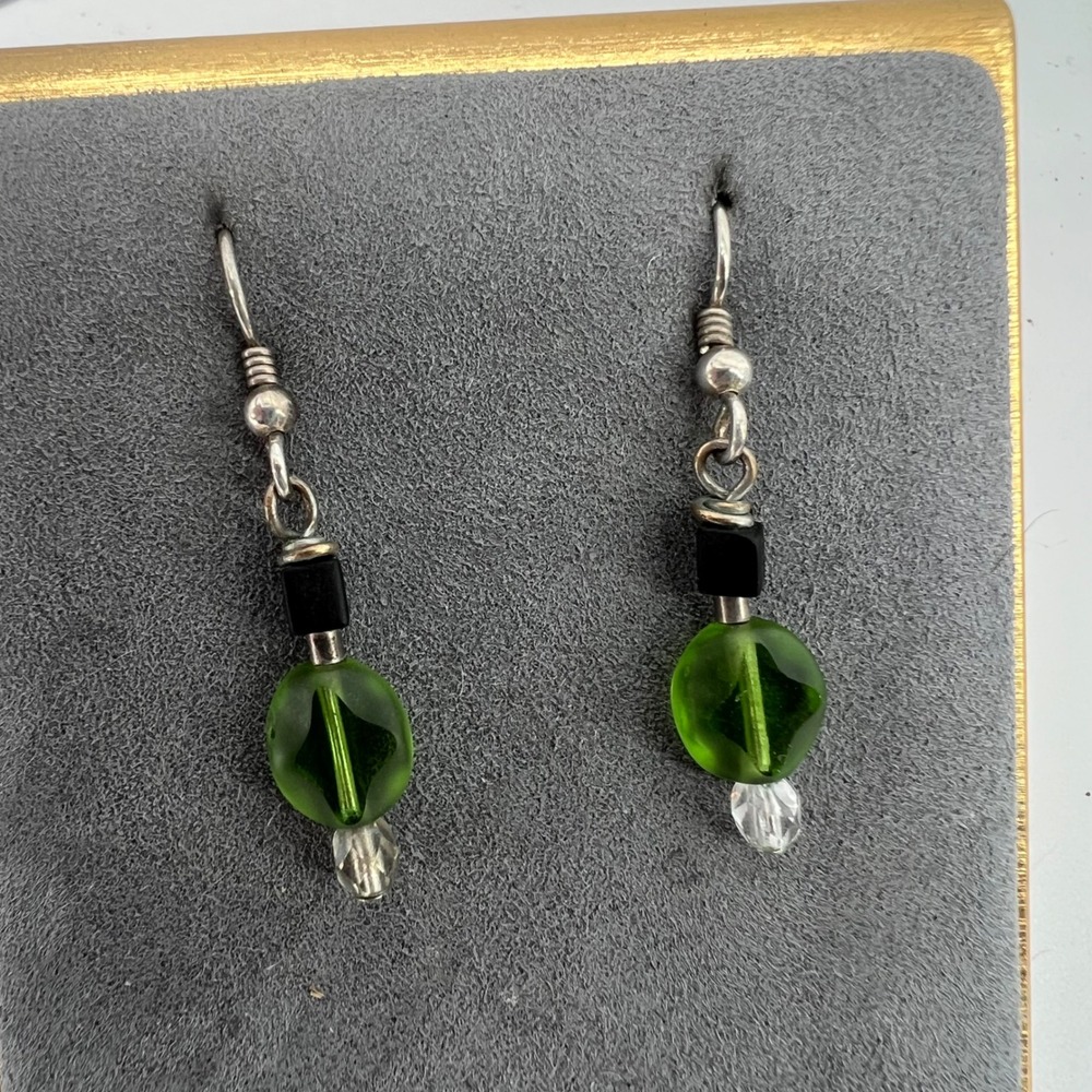 Dangle Earrings Green Round Faceted‎ Bead Black Cube Silver Tone Women